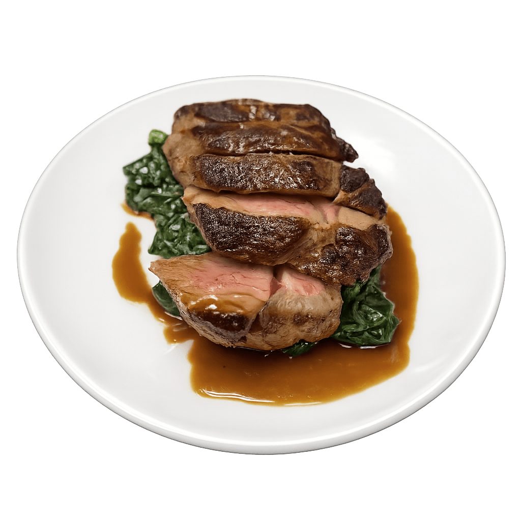 16oz. Black Angus NY strip with Yukon Gold potato purée, sautéed spinach and red wine jus