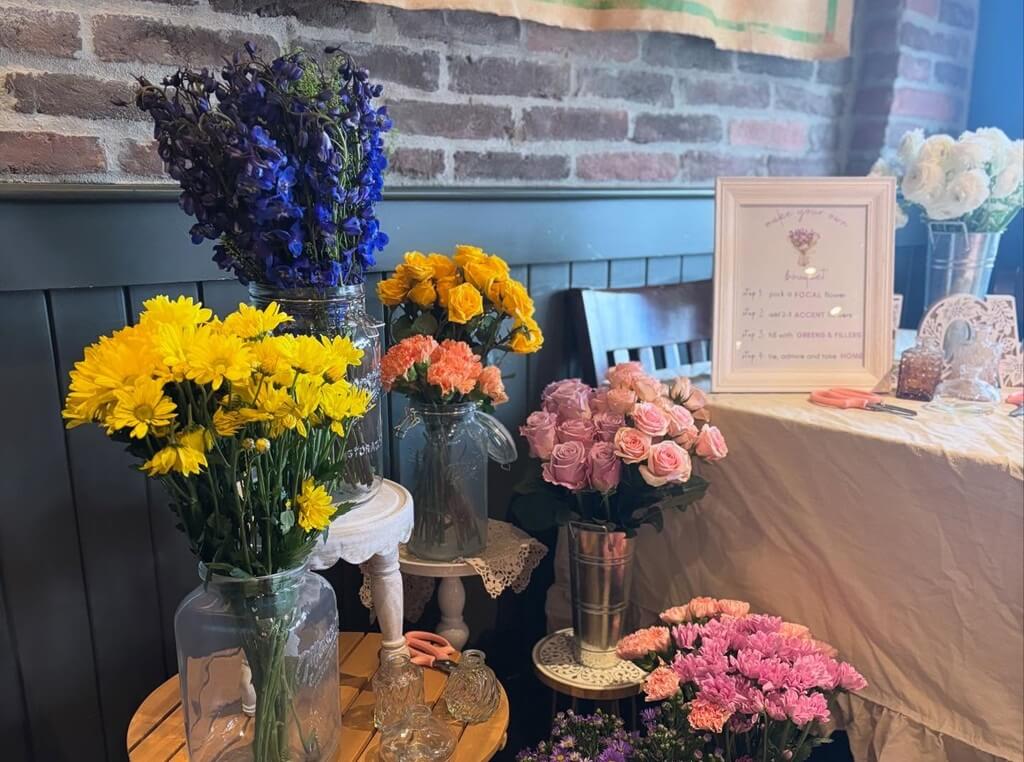 flowers and preparations for a private afternoon event at Market Bistro