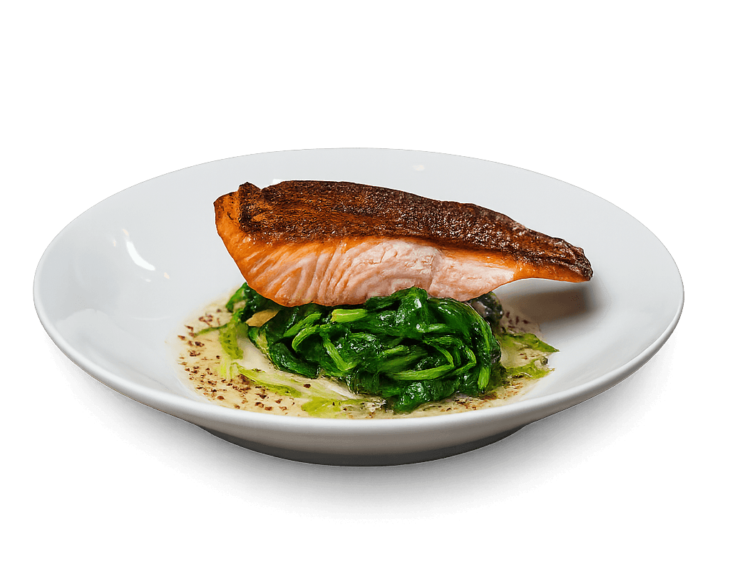 roasted Atlantic salmon with sautéed spinach and Yukon Gold potato purée