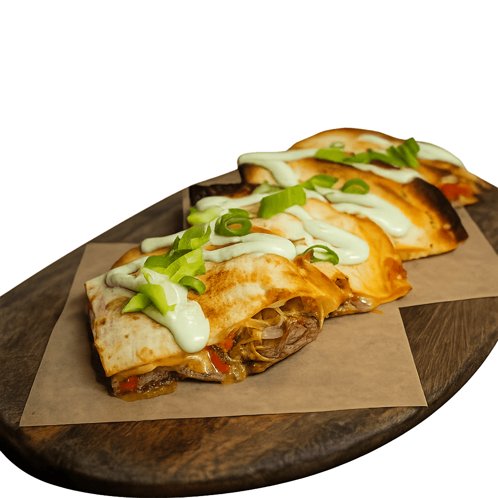 Grilled Chicken Quesadilla with peppers, onions, and jack cheese, topped with cilantro sour cream.