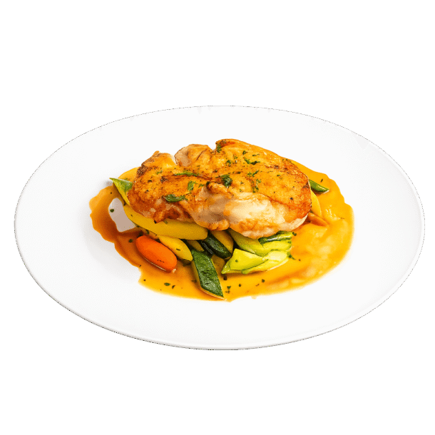 golden chicken paired with seasonal vegetables and rich sauce