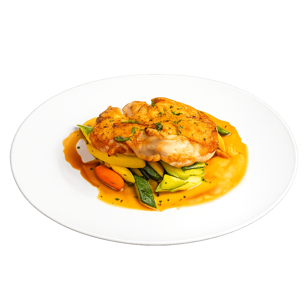 golden chicken paired with seasonal vegetables and rich sauce