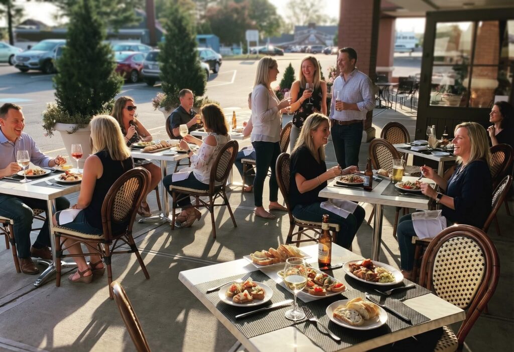 people sitting outsite on the market bistro terrace enjoying food and drinks during a private event