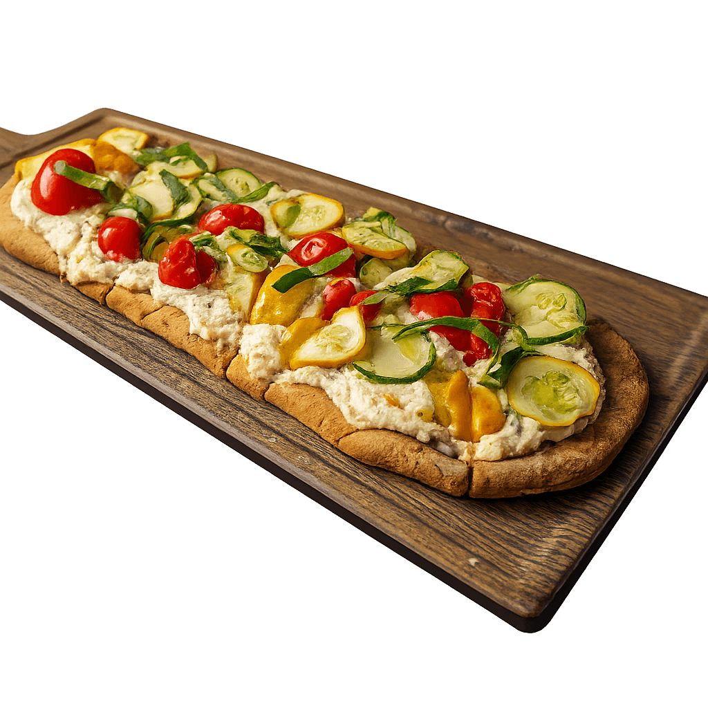 MB flatbread: fresh vegetables, cherry tomatoes, cucumbers, salad and creamy cheese