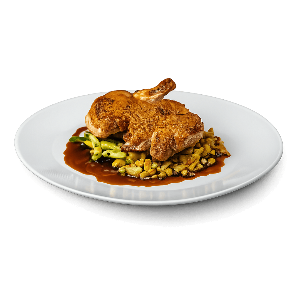 Skillet roasted organic chicken with spaetzle, jardiniere and herb pan jus