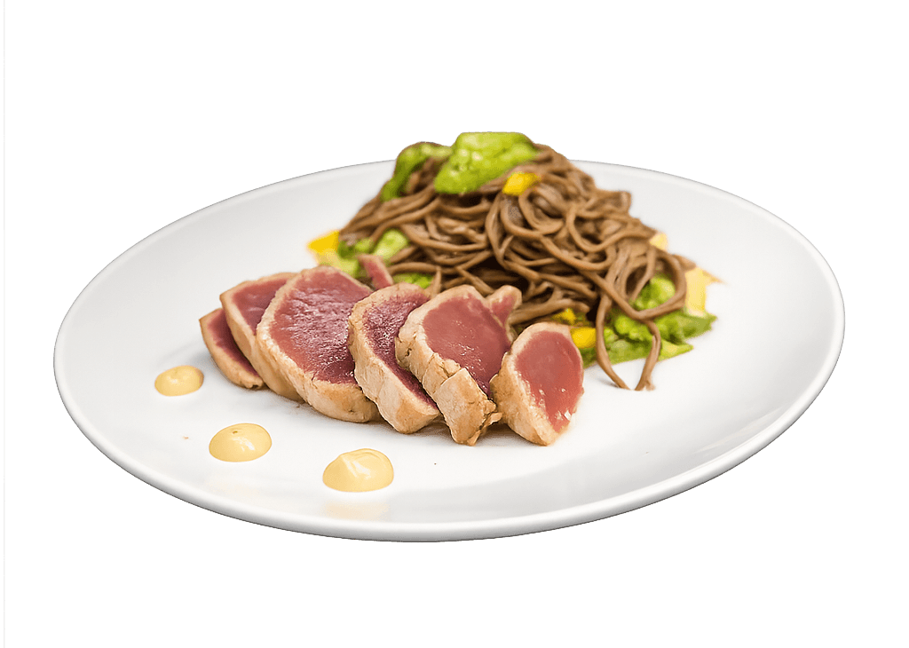 pan seared tuna with chilled soba noodles/avocado/grape tomatoes/cucumber/cilantro/romaine/Thai vinaigrette