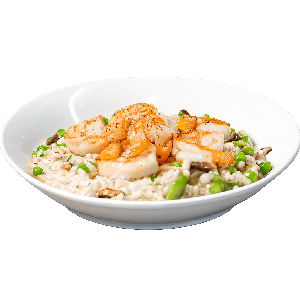shrimp risotto with seasonal vegetables and pecorino cheese