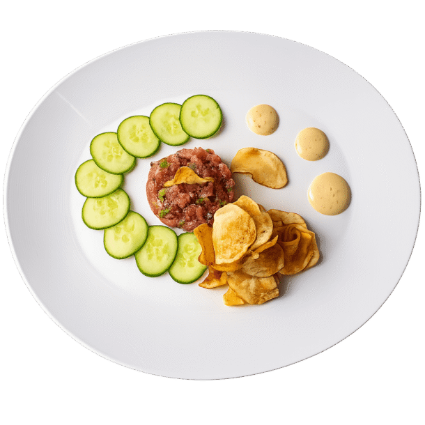 Flavorful tuna tartare paired with crispy potato chips, fresh cucumber slices, ginger aioli, and Thai vinaigrette.