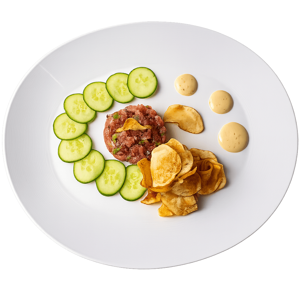 Flavorful tuna tartare paired with crispy potato chips, fresh cucumber slices, ginger aioli, and Thai vinaigrette.
