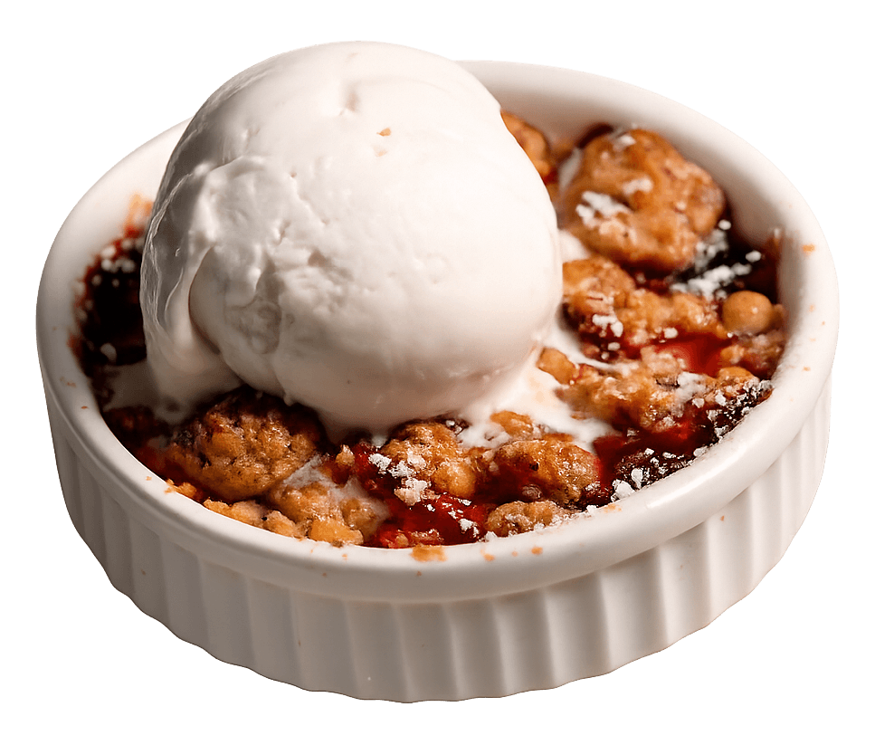 seasonal cobbler with vanilla ice cream and walnuts