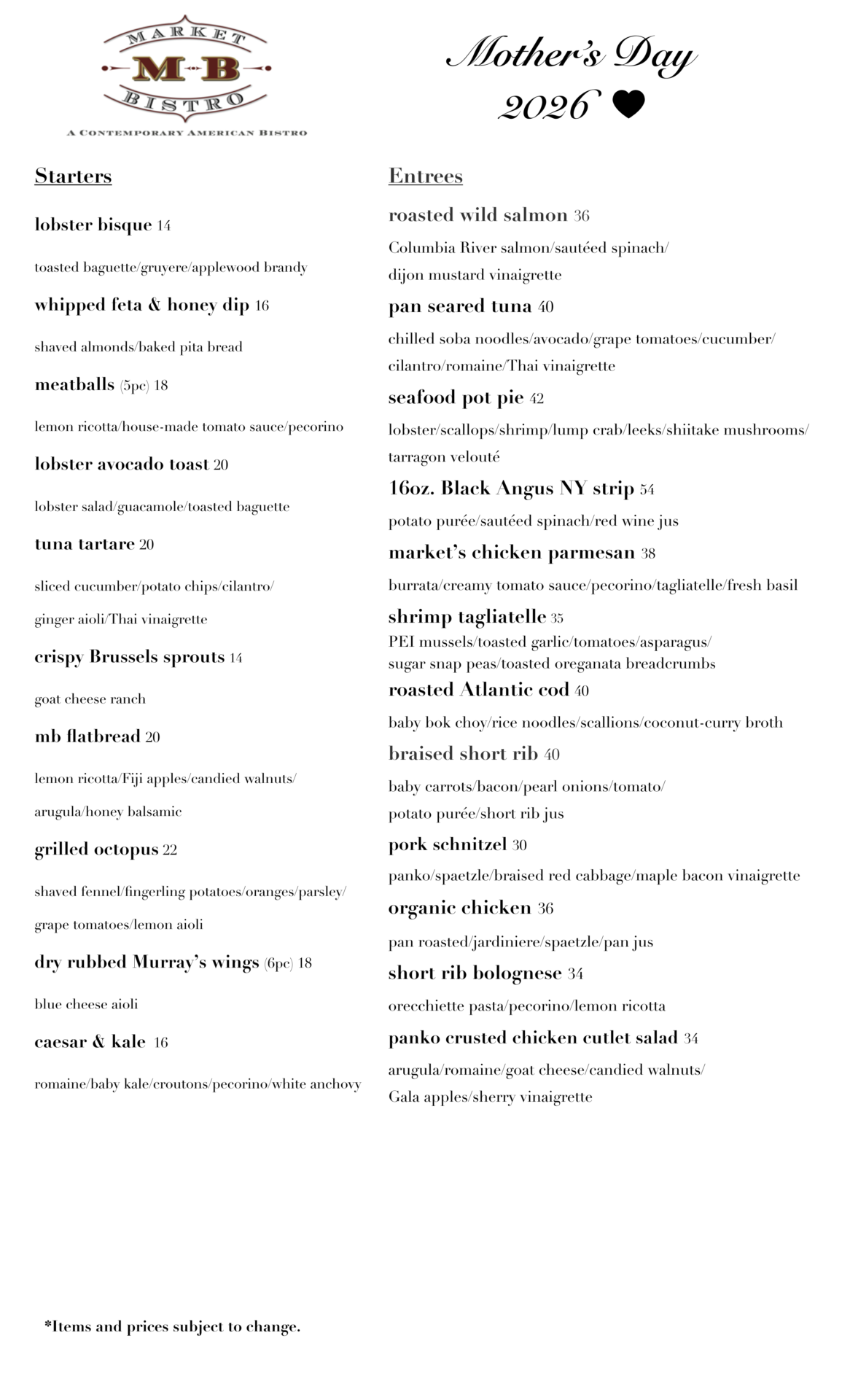 Market Bistro Mother's Day Menu 2026
